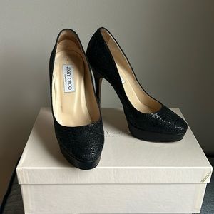 JIMMY CHOO COSMIC GLITTER BLACK PLATFORM HEELS PUMP SZ 38 / 8 Retail $695
